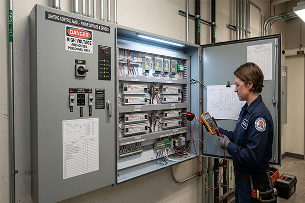 An accessible maintenance panel for lighting drivers and power supplies